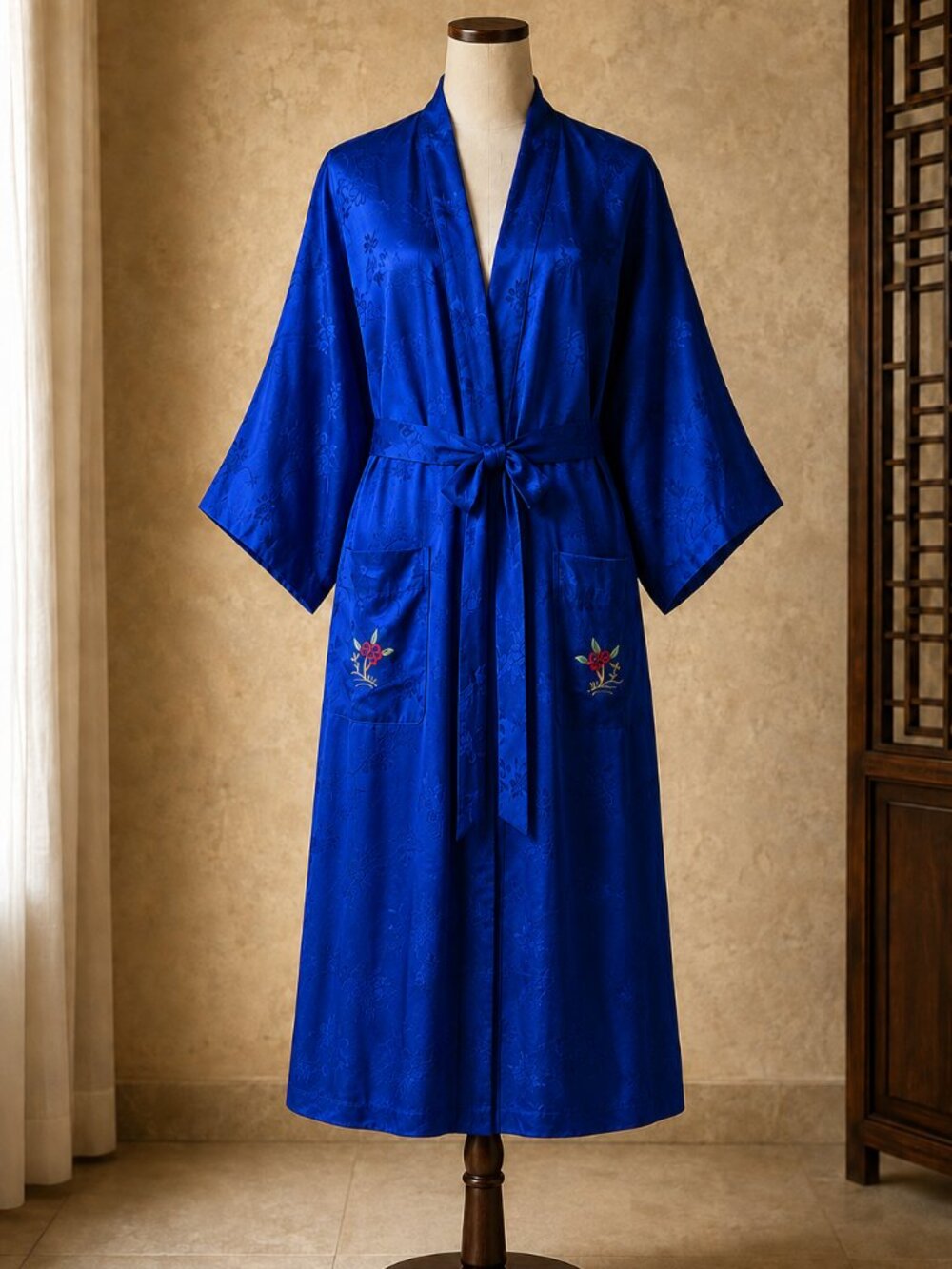Vintage Style Chinese Blue Satin Robe Size Small Embroidered Dragon Floral Robe